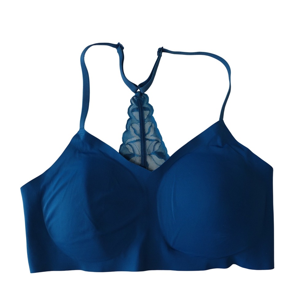 True & Co True Body Triangle Lace Racerback Bra Womens M Blue Wireless Seamless